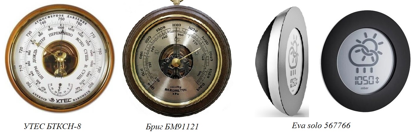 Популярные типы барометров: УТЕС БТКСН-8, Бриг БМ91121, Eva solo 567766